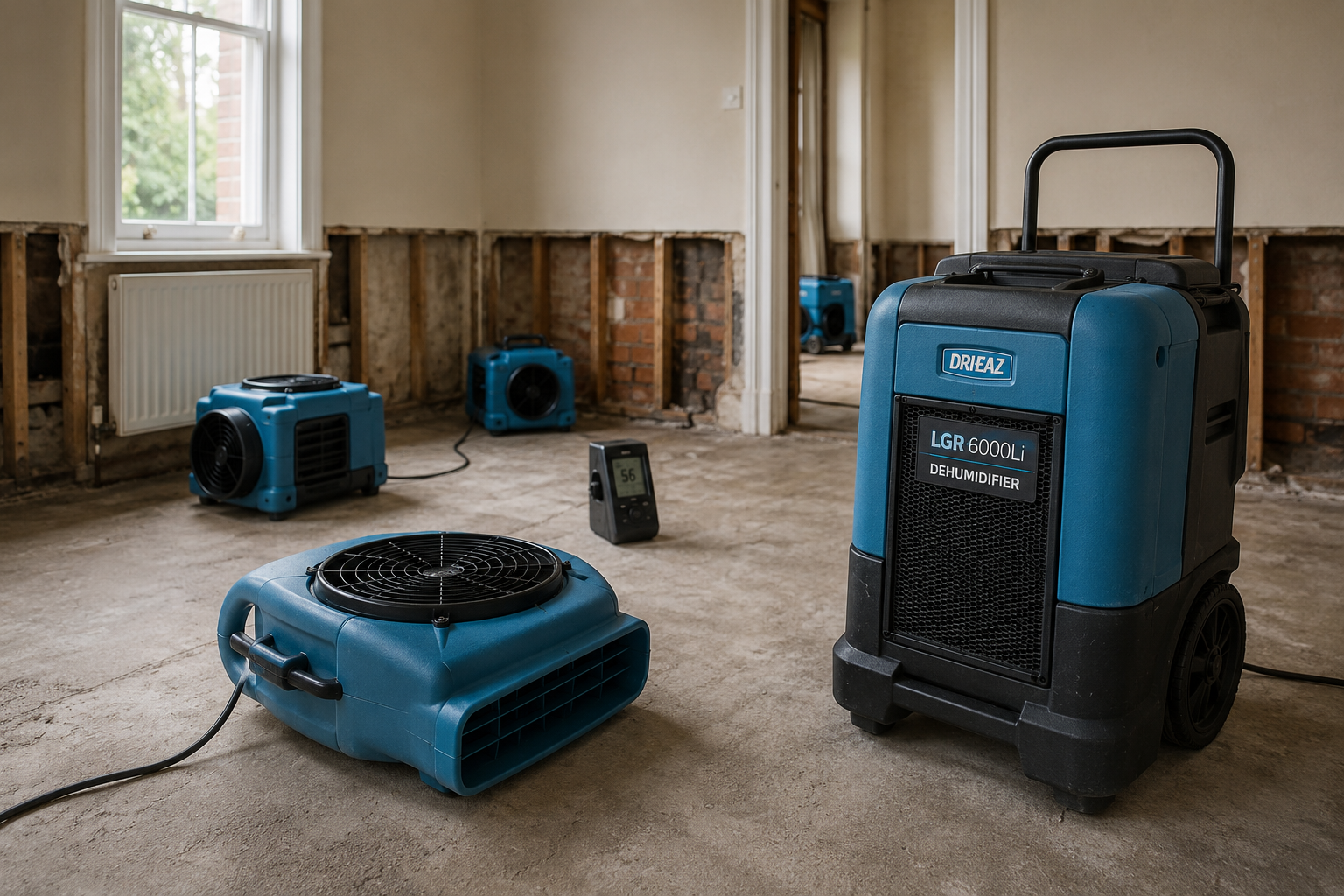 Professional drying equipment restoring a water-damaged property